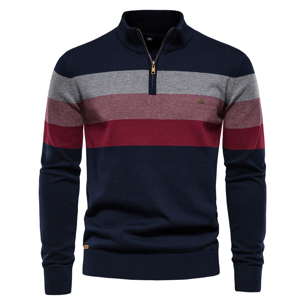Casual men's long sleeve half-zip sweater featuring a chic colorblock pattern.