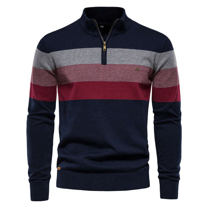 Casual men's long sleeve half-zip sweater featuring a chic colorblock pattern.