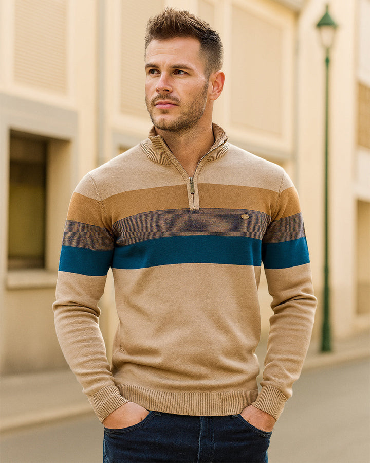 Winter fashion men's half-zip sweater, sophisticated colorblock long sleeve pullover.