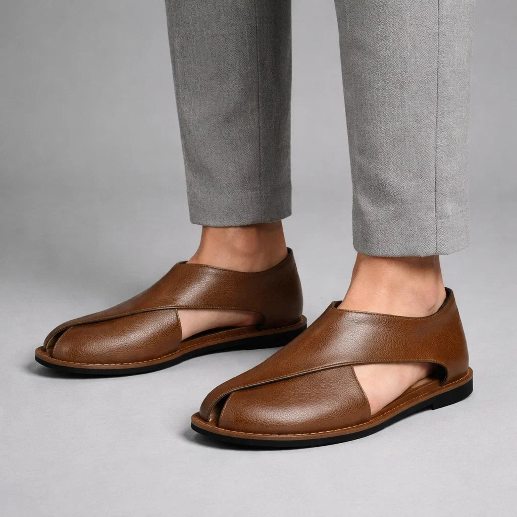 Close-up: Men's comfortable slip-on sandals, highlighting the soft footbed for all-day wear.