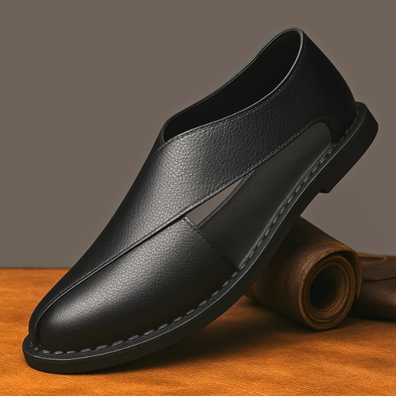 Man wearing stylish open-toe slip-on sandals, great for summer casual outings & vacation comfort.
