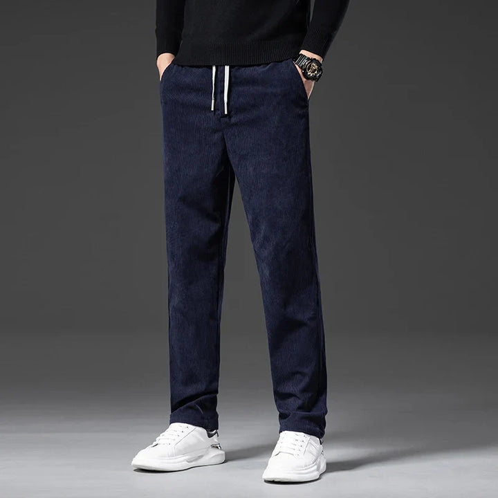 Close-up of durable men's corduroy fabric, showcasing the soft texture & quality of these stretch pants.
