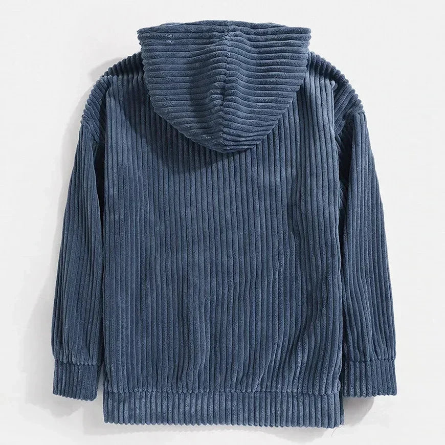 Relaxed fit men's corduroy hoodie with long sleeves, ideal for layering and comfortable streetwear.