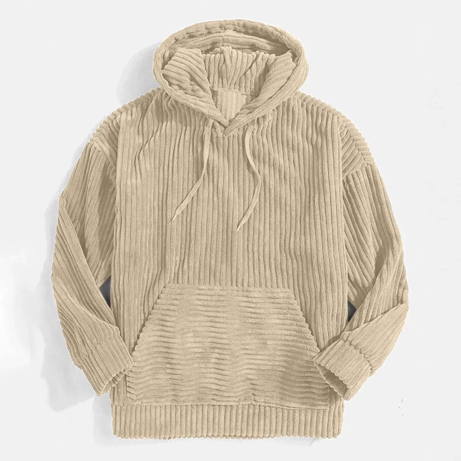 Men's corduroy hoodie for winter apparel, featuring a practical hood and relaxed style.