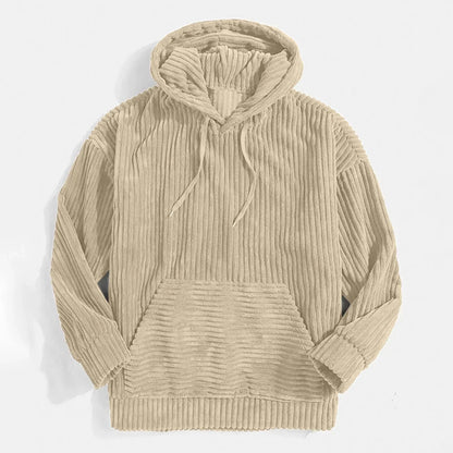 Men's corduroy hoodie for winter apparel, featuring a practical hood and relaxed style.