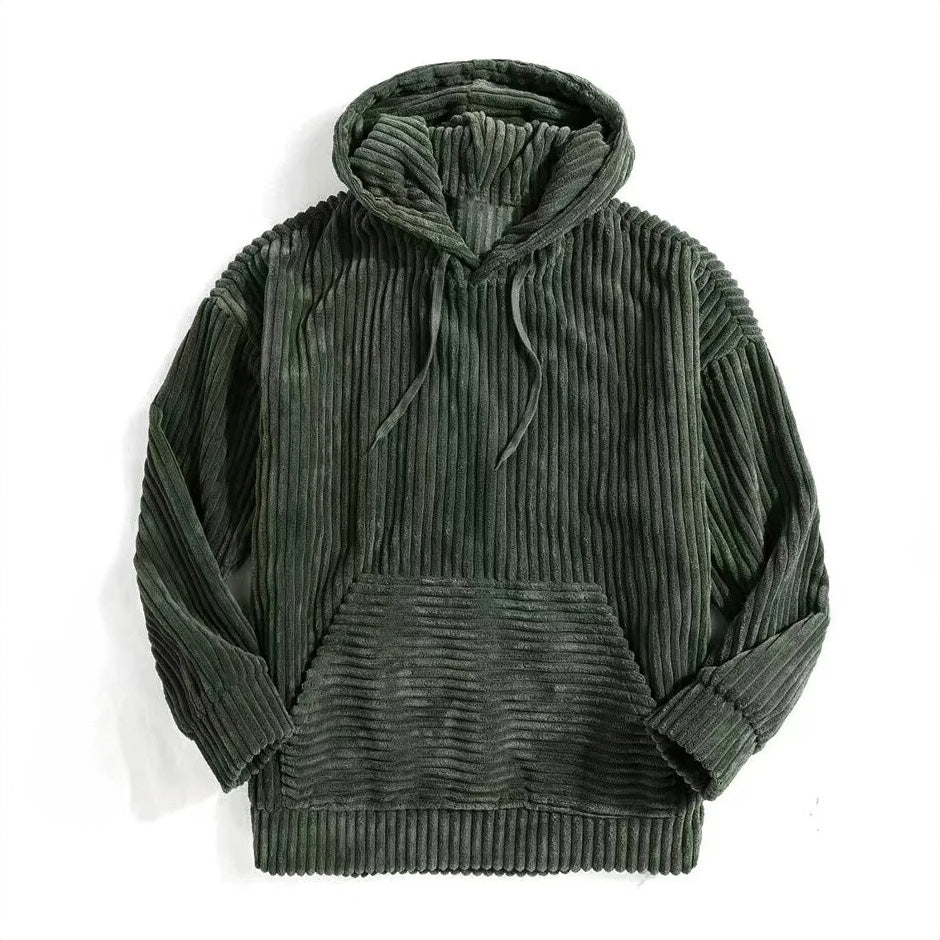 Stylish men's corduroy long sleeve hoodie, a versatile layering piece for fall and everyday comfort.