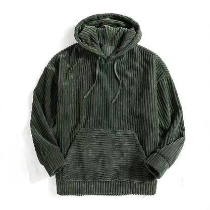 Stylish men's corduroy long sleeve hoodie, a versatile layering piece for fall and everyday comfort.