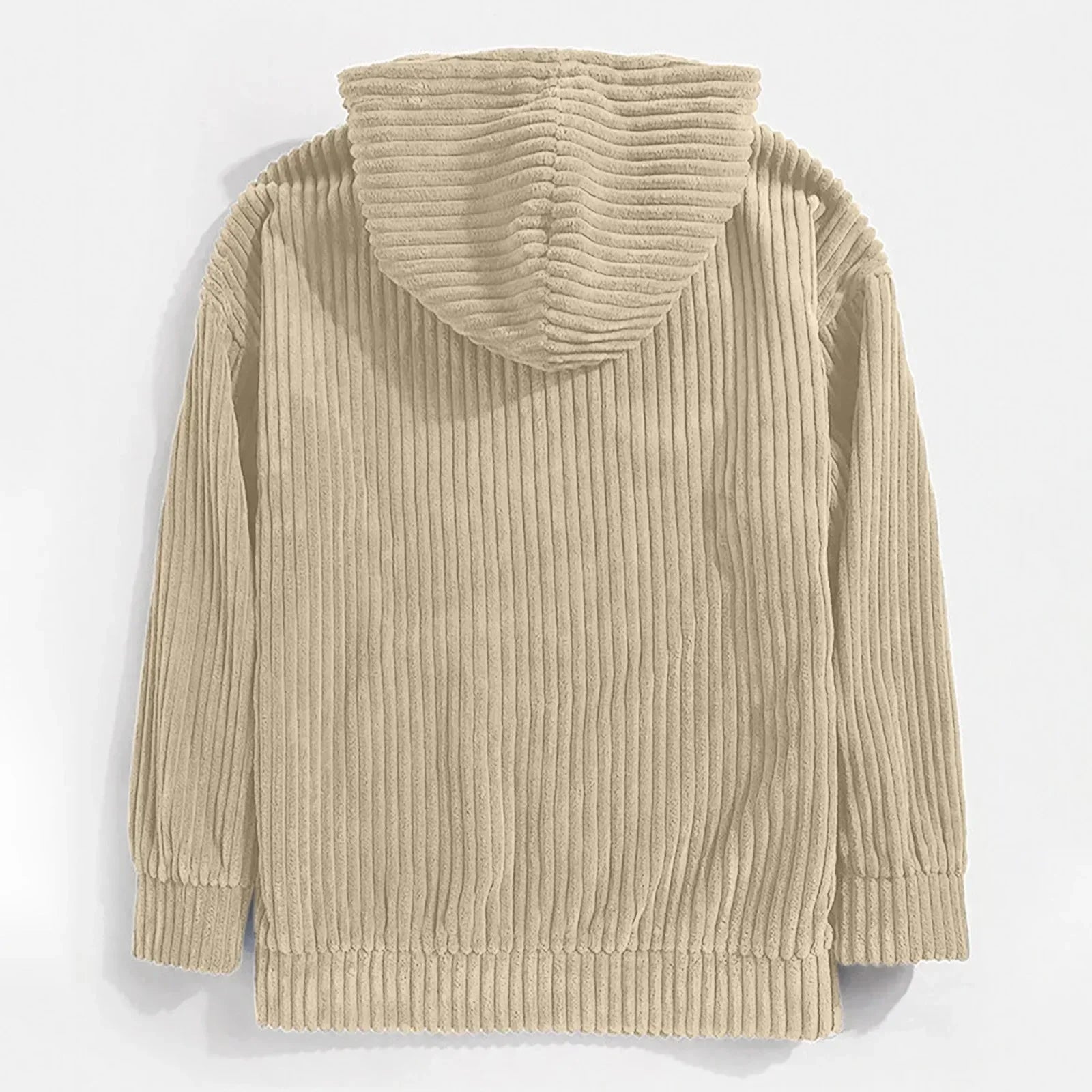 Front view of a men's corduroy hoodie, designed for ultimate comfort and a relaxed, stylish look.