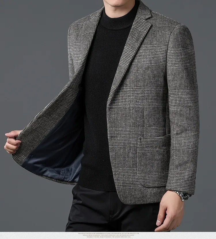 Men's stylish glen check blazer. Two-button, notch lapel for formal or smart-casual wear. Tailored men's fashion.