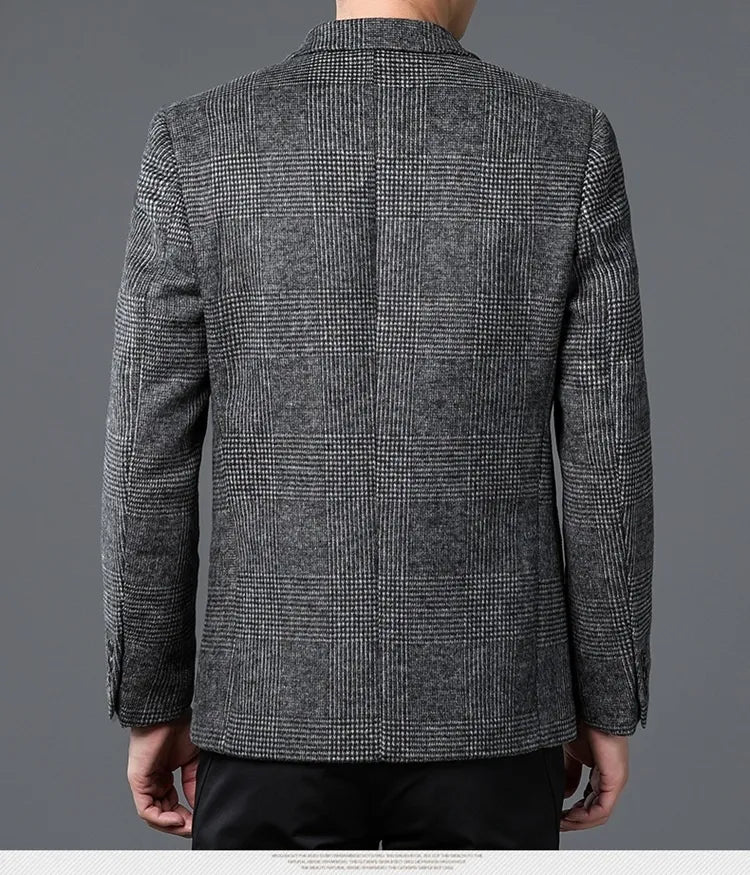 Professional men's glen check blazer. Versatile two-button tailored jacket for formal events or smart casual attire.