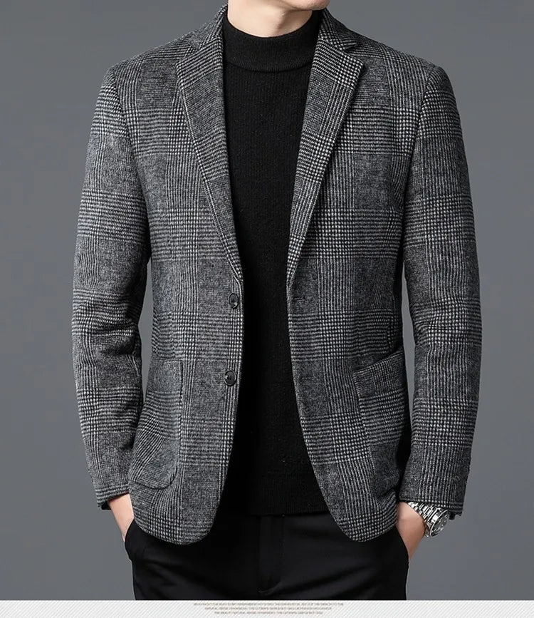 Men's tailored two-button glen check blazer. Smart casual & formal wear. Classic men's fashion outerwear with notch lapel.