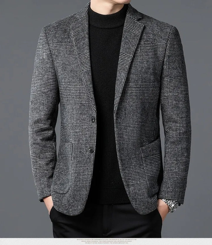 Men's tailored two-button glen check blazer. Smart casual & formal wear. Classic men's fashion outerwear with notch lapel.