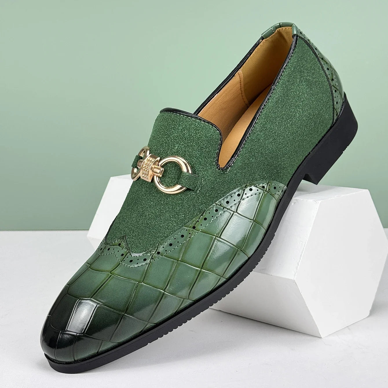 Men's stylish green croc-embossed comfort loafers, perfect for dress or casual wear. Slip-on modern footwear.