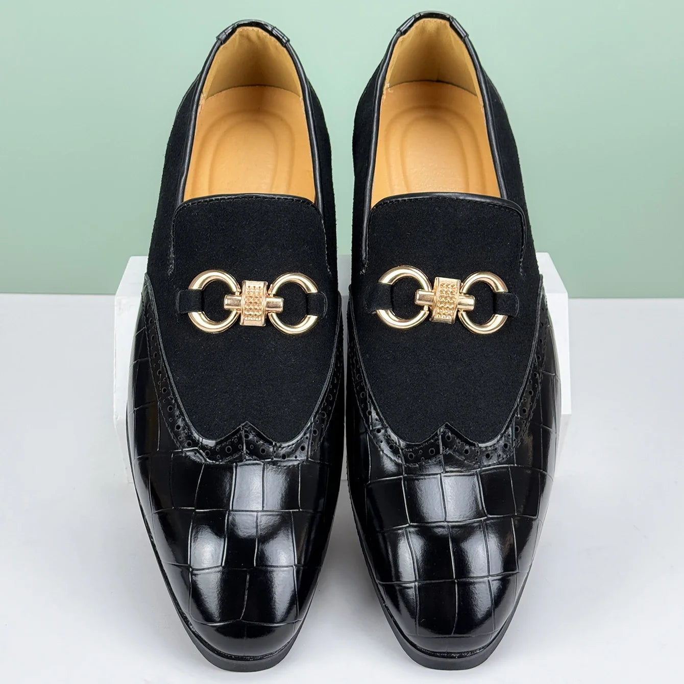 Men's stylish croc-embossed comfort loafers in green or black. Versatile slip-on shoes for dressy or casual wear.