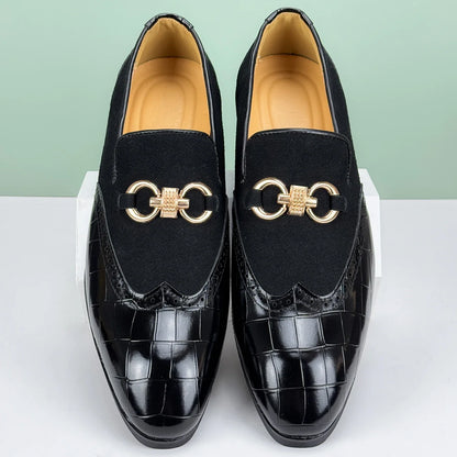 Men's stylish croc-embossed comfort loafers in green or black. Versatile slip-on shoes for dressy or casual wear.