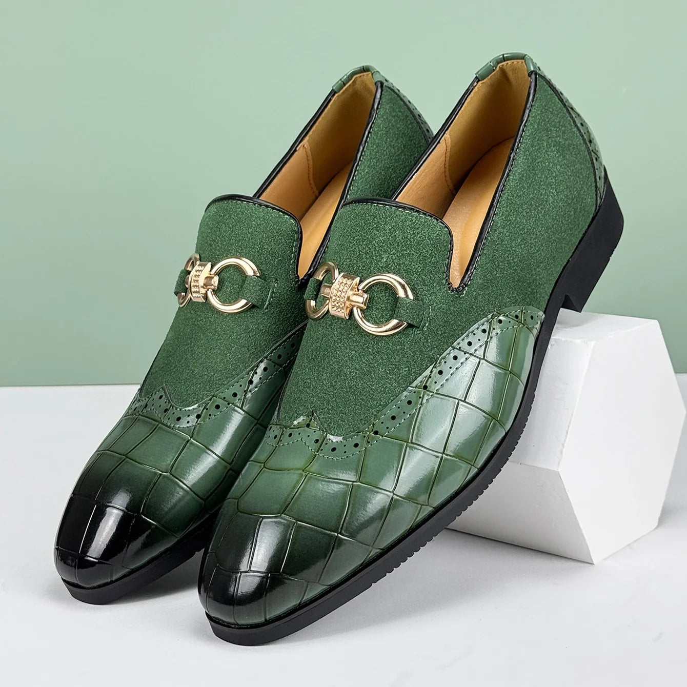 Black men's croc-embossed dress loafers, offering comfort and a sleek, formal slip-on style. Textured footwear.