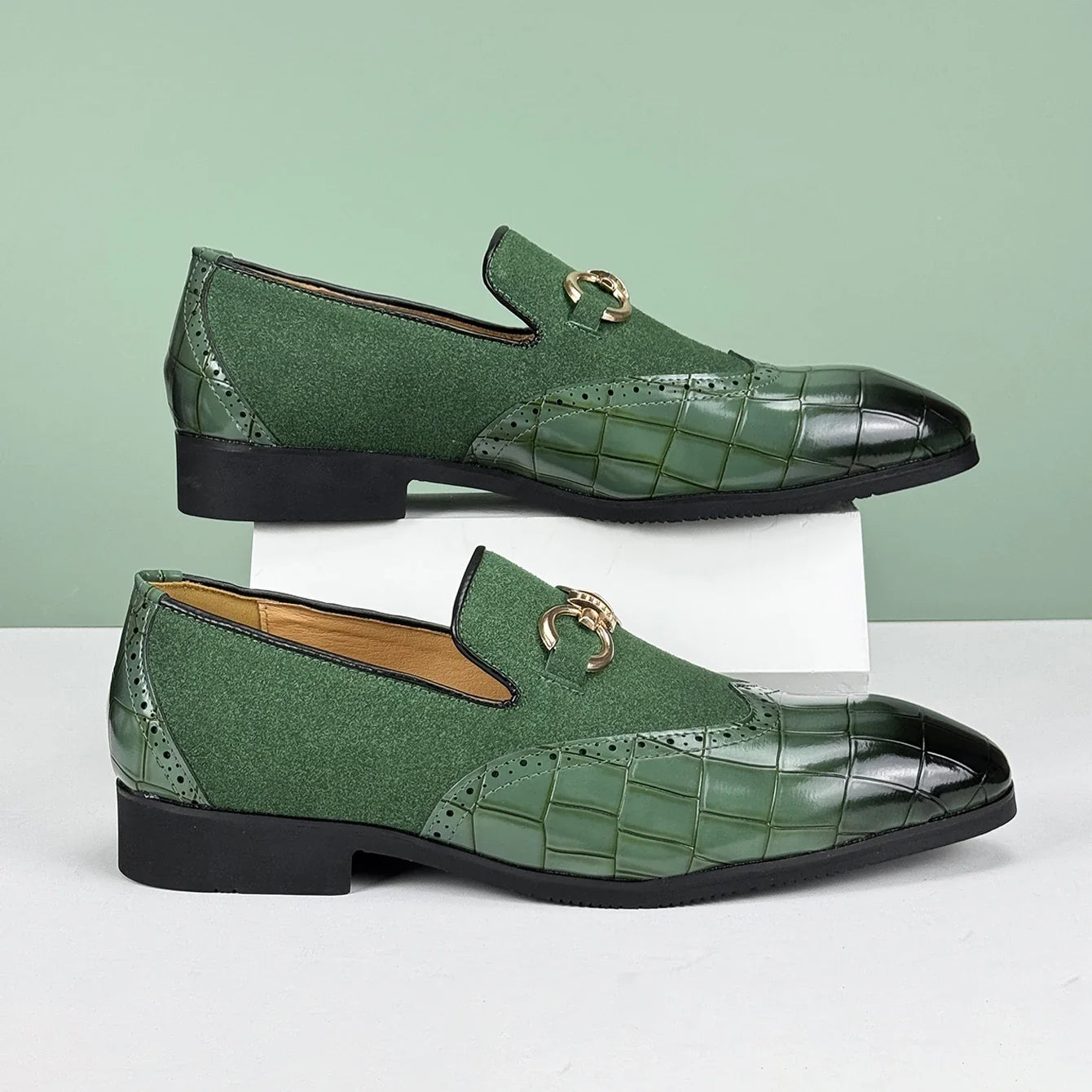Modern classic men's croc-embossed loafers. Stylish, comfortable slip-on shoes suitable for dress or casual outfits.