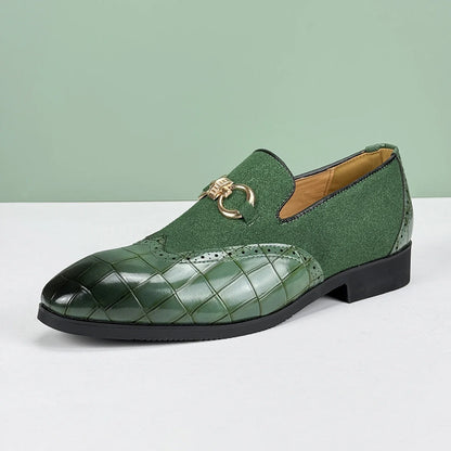 Stylish green croc-embossed loafers for men. Comfortable slip-on casual shoes with a unique textured design.