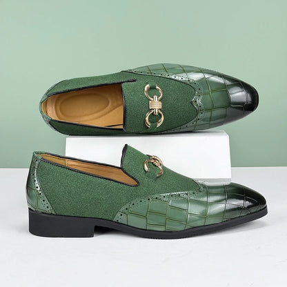 Formal black croc-embossed loafers for men. These comfortable slip-on shoes blend classic style with modern texture.