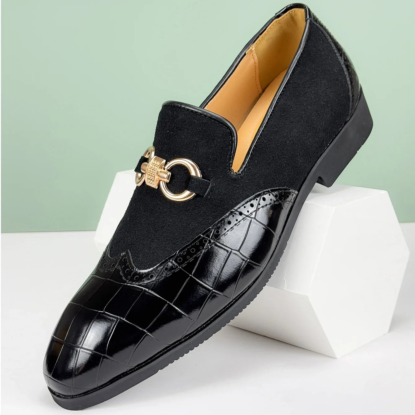 Versatile men's croc-embossed comfort loafers. Textured slip-on footwear, great for both dressy and casual looks.