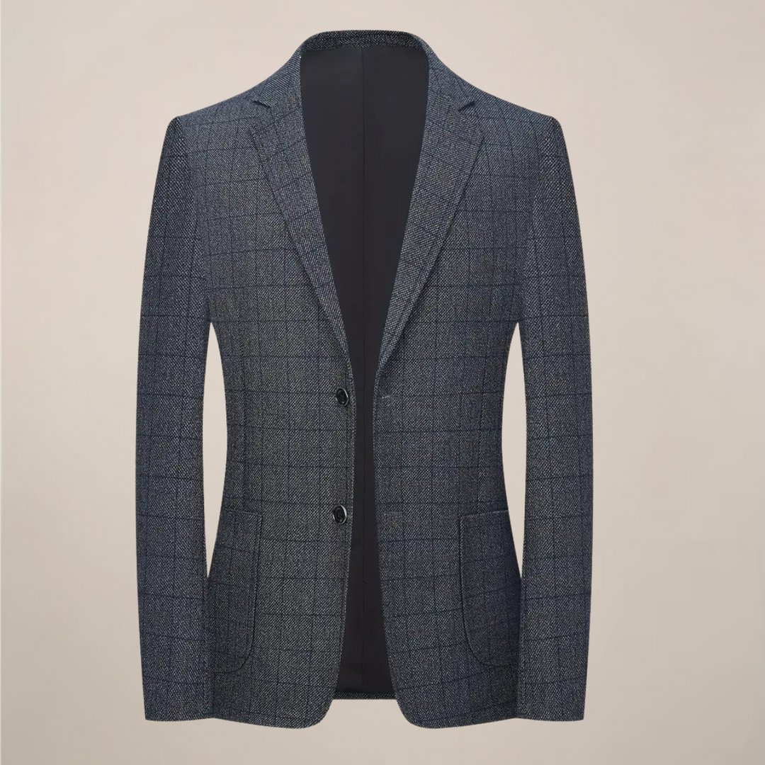 Men's stylish grey plaid blazer, perfect check jacket for formal events & smart casual outfits.
