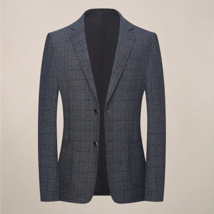 Men's stylish grey plaid blazer, perfect check jacket for formal events & smart casual outfits.