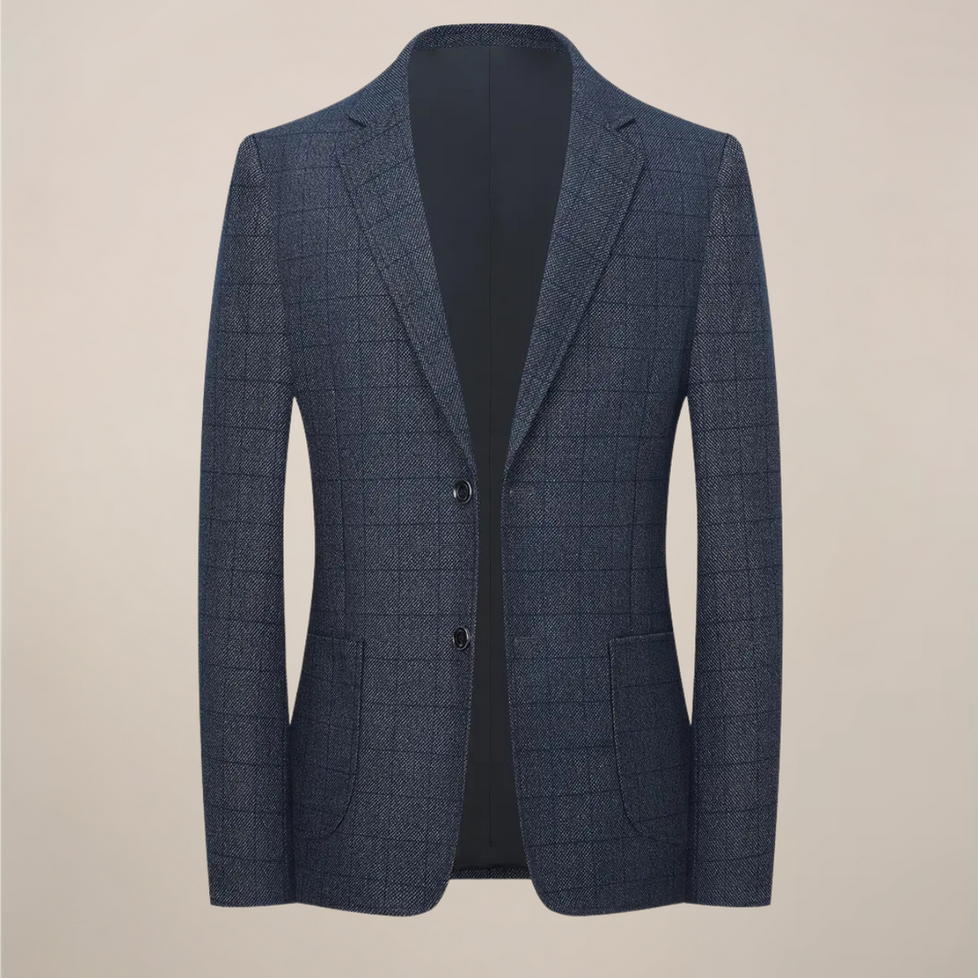 Close-up of a men's tailored plaid blazer, showing detailed check pattern and quality fabric.