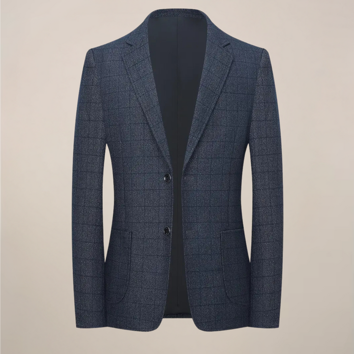 Close-up of a men's tailored plaid blazer, showing detailed check pattern and quality fabric.