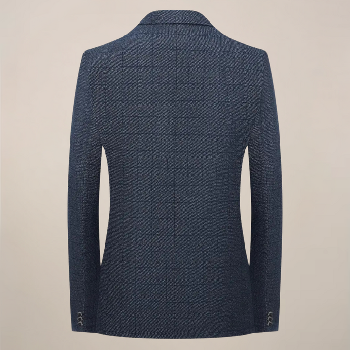 Elegant men's check blazer with lapels, ideal formal wear for business meetings or evening events.