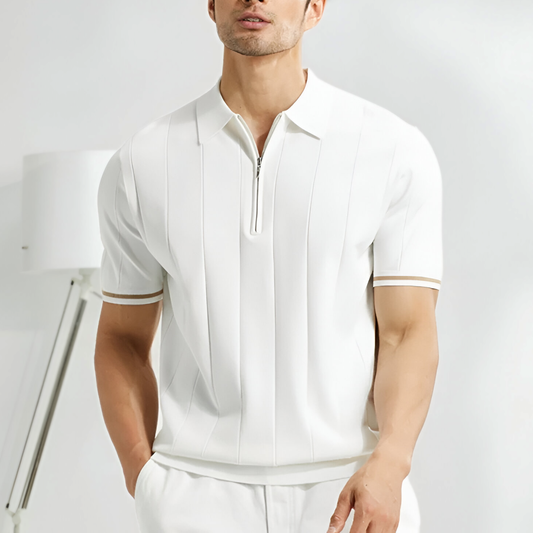 Men's stylish half-zip polo shirt. Modern fit, comfortable wear, and short sleeves for smart casual style.