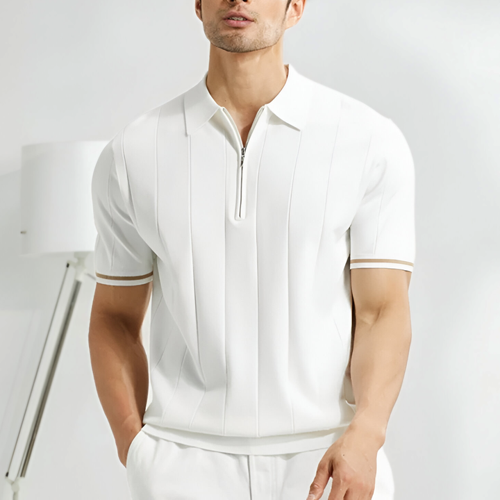 Men's stylish half-zip polo shirt. Modern fit, comfortable wear, and short sleeves for smart casual style.