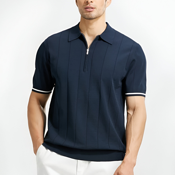 Close-up of a men's half-zip polo shirt, featuring modern design and comfortable fabric for everyday fashion.