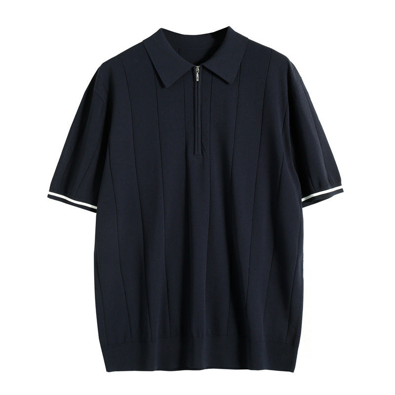 Detailed view of the half-zip collar on a men's stylish polo shirt, emphasizing modern design and quality.