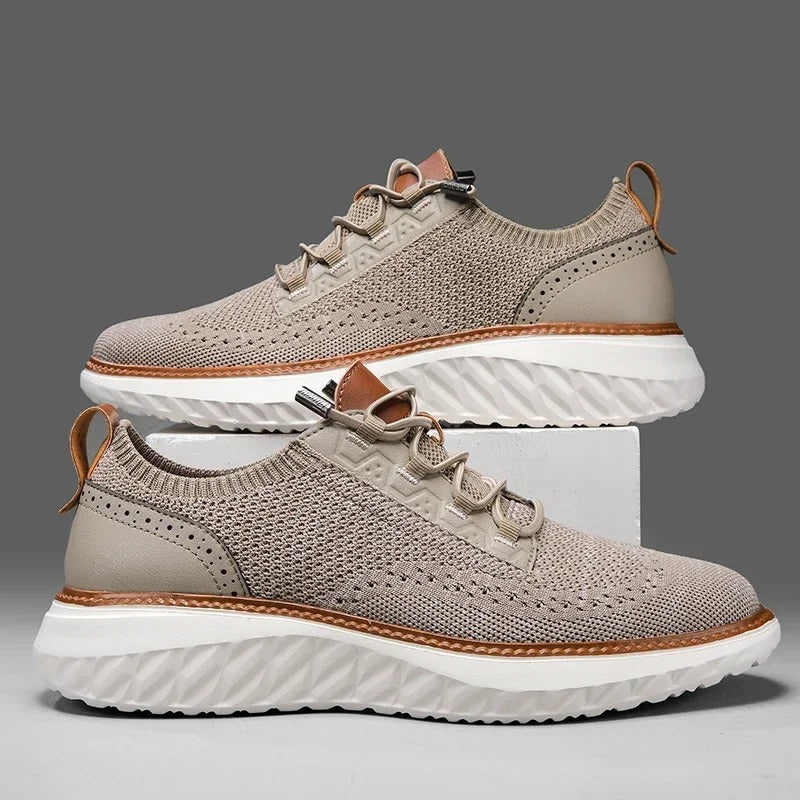 Lightweight men's knit slip-on sneakers in khaki, offering modern design & all-day comfort.