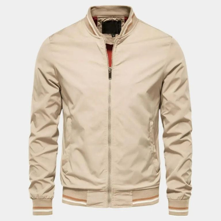 Stylish men's lightweight bomber jacket with ribbed details, essential for contemporary casual fashion.