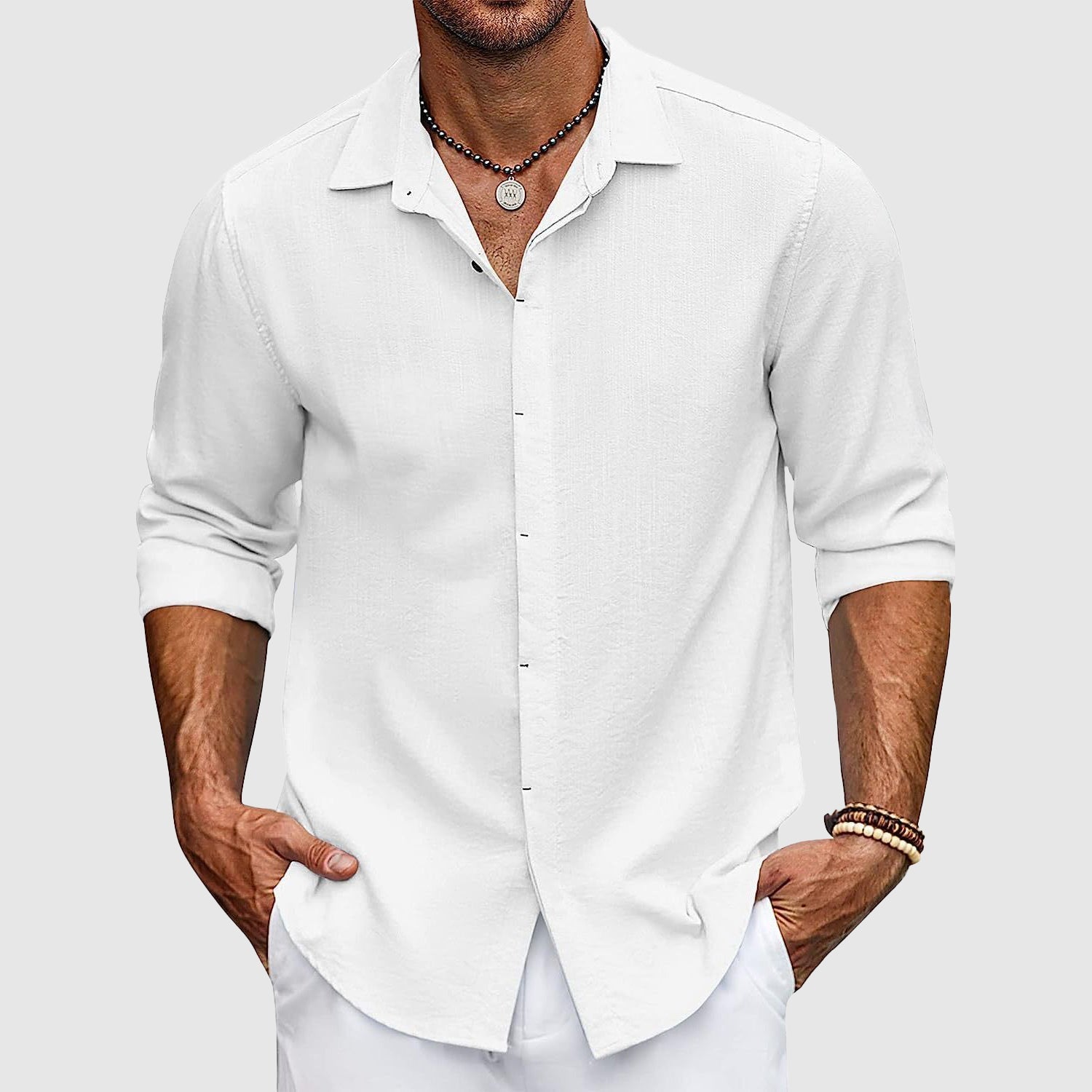 Close-up of a men's long sleeve button-down dress shirt fabric, showcasing its classic style and quality for everyday wear.