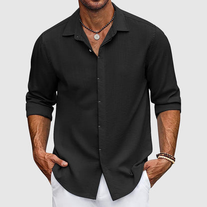 Man wearing a versatile long sleeve button-down casual shirt, a stylish collared top for men's fashion and everyday outfits.
