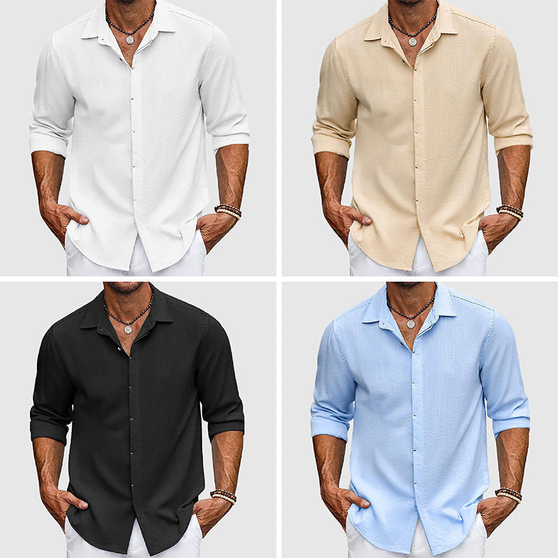 Men's versatile long sleeve button-down shirt, a classic collared top blending casual comfort with dress shirt elegance.