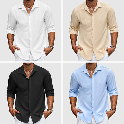 Men's versatile long sleeve button-down shirt, a classic collared top blending casual comfort with dress shirt elegance.