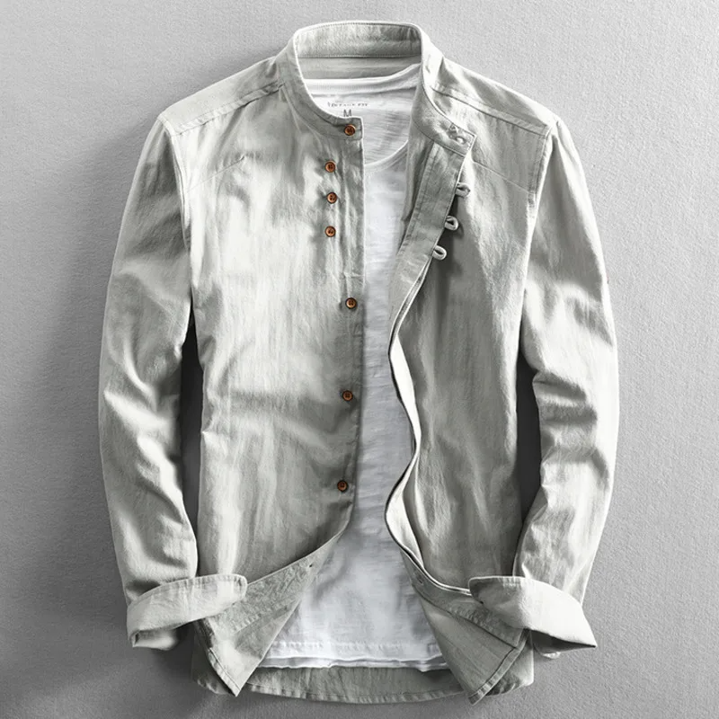 Relaxed fit men's button-up shirt with unique stand collar, comfortable long sleeves, versatile everyday fashion.