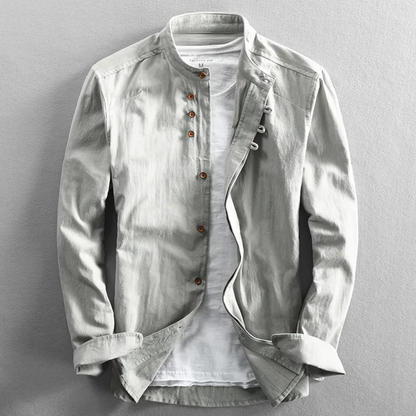 Relaxed fit men's button-up shirt with unique stand collar, comfortable long sleeves, versatile everyday fashion.
