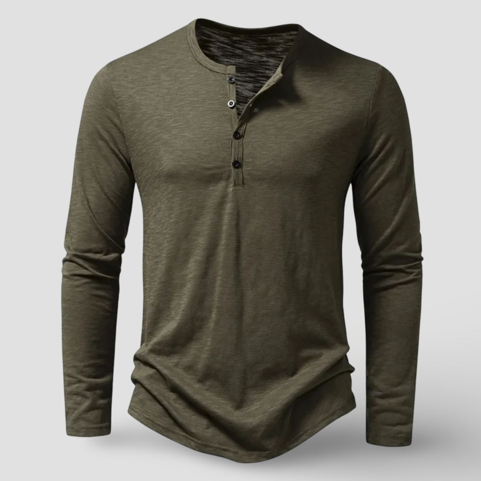 Men's stylish long sleeve henley shirt, perfect for casual everyday wear. Features a comfortable, relaxed fit & button placket.