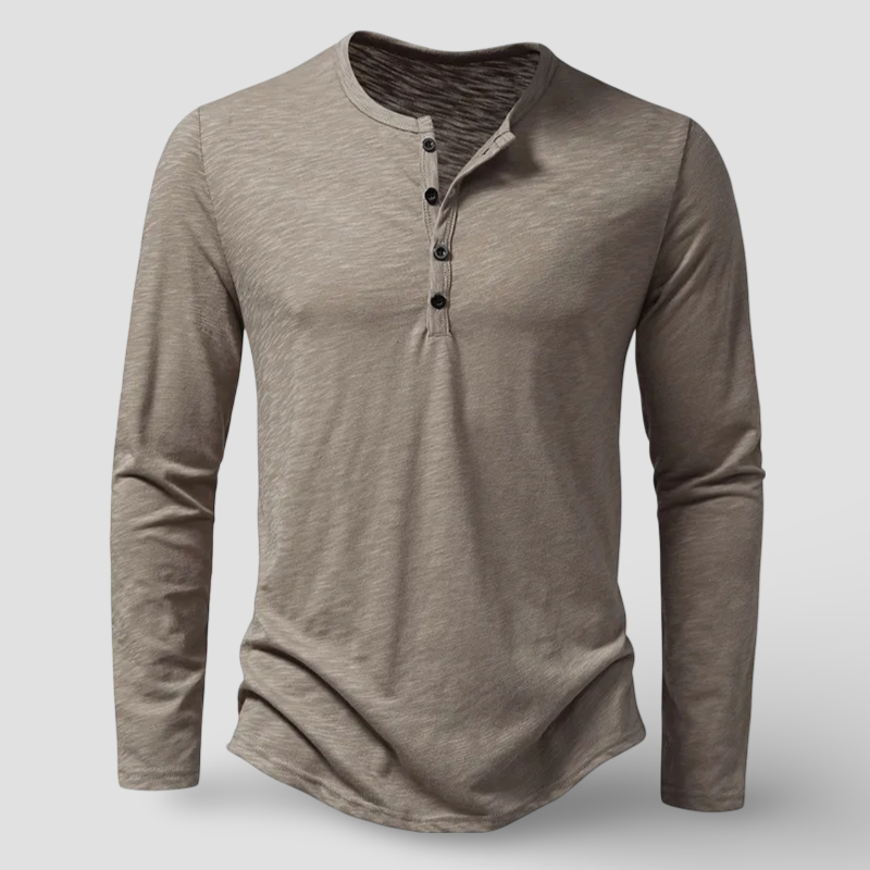 Versatile men's long sleeve henley top in a comfortable fabric, ideal for everyday casual fashion. Essential wardrobe piece.