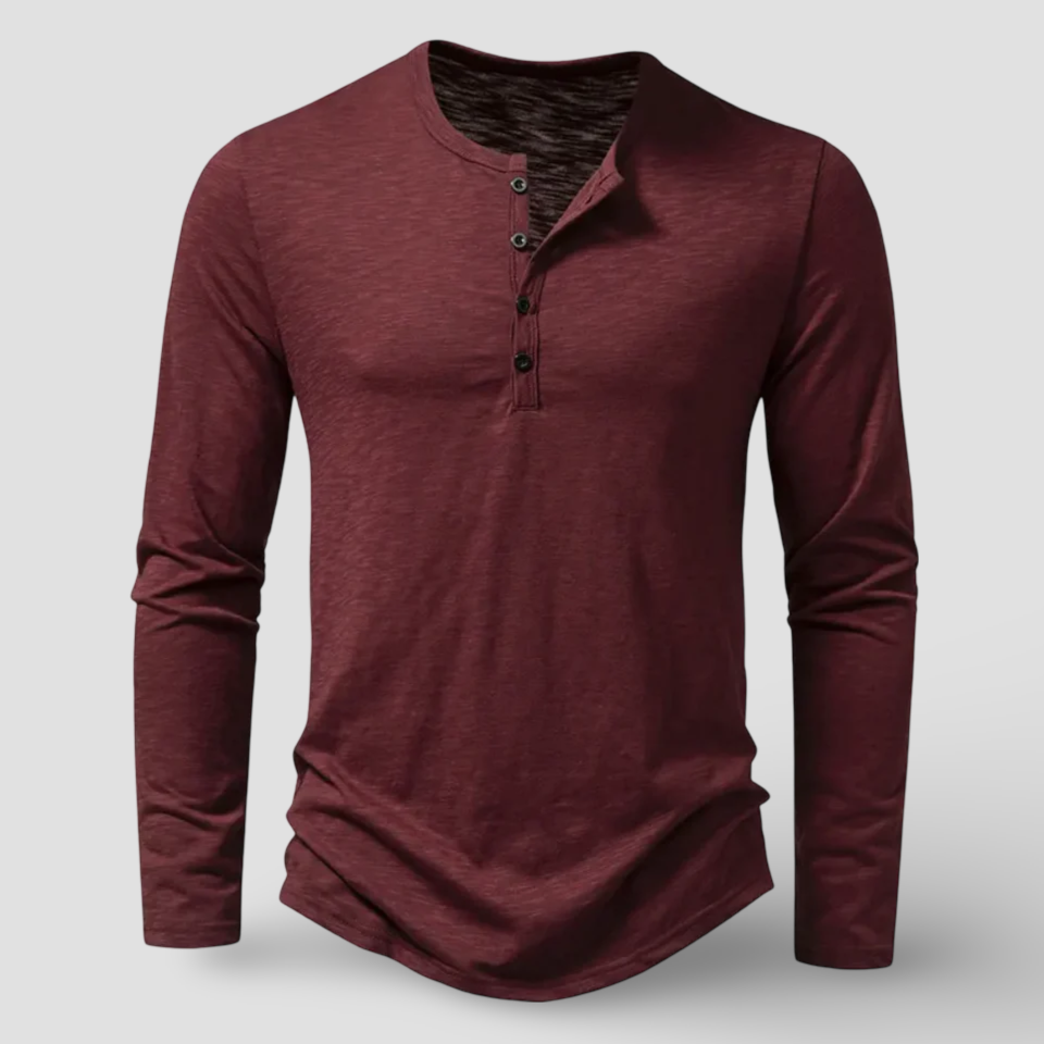 Stylish men's long sleeve henley with a classic button placket. Casual, comfortable top for a relaxed yet fashionable look.