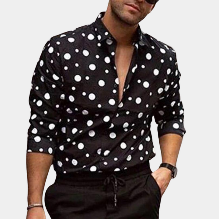 Men's stylish long-sleeve polka dot shirt with a modern fit, perfect for versatile casual or semi-formal wear.