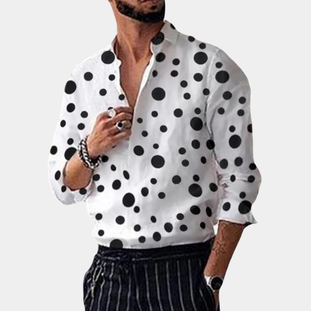 Versatile men's modern fit polka dot long-sleeve shirt. Ideal casual or formal wardrobe staple for all seasons.