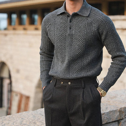 Comfortable dark grey men's long-sleeve polo shirt, ideal for autumn layering & sophisticated casual style.