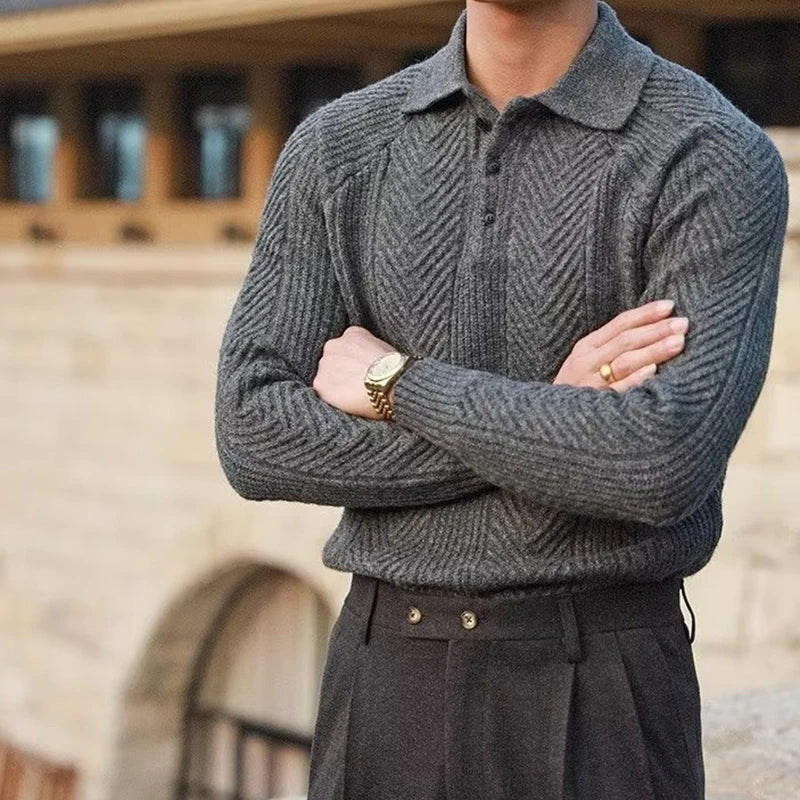 Cream men's fashion polo shirt. Stylish long-sleeve top for autumn looks & versatile casual wear.