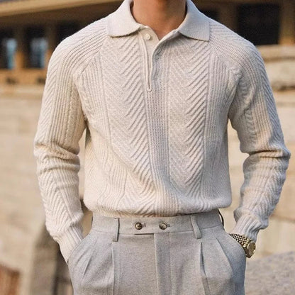 Close-up of a sophisticated men's long-sleeve polo shirt, perfect for fall fashion & elevated casual style.