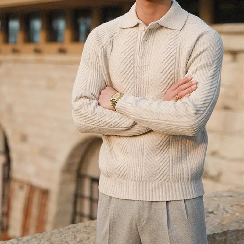 Man wearing a stylish long-sleeve polo shirt, creating an elevated autumn outfit for men's fashion.